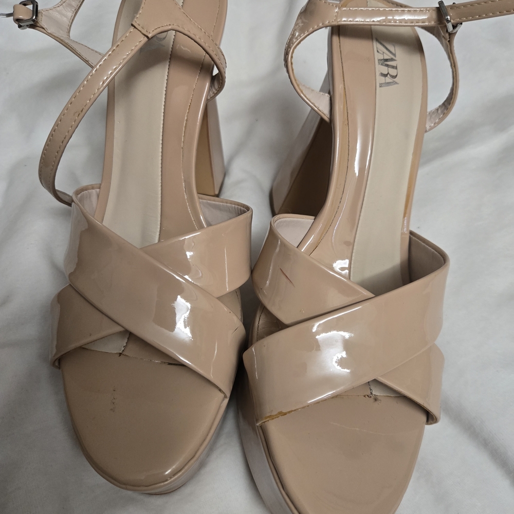 Zara Women's Nude Patent Cross-Strap Block Heel Sandals